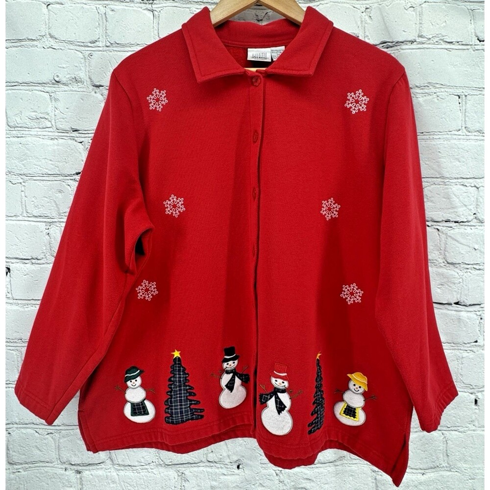 Vintage Jason Maxwell Cardigan Sweatshirt Women's 2X Plus Red Snowmen Winter
